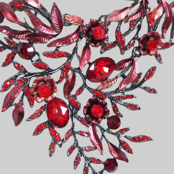 Red Necklace BriLove Crystal Blossom Floral  Leaf Collar Matching Earrings Set - Picture 13 of 16
